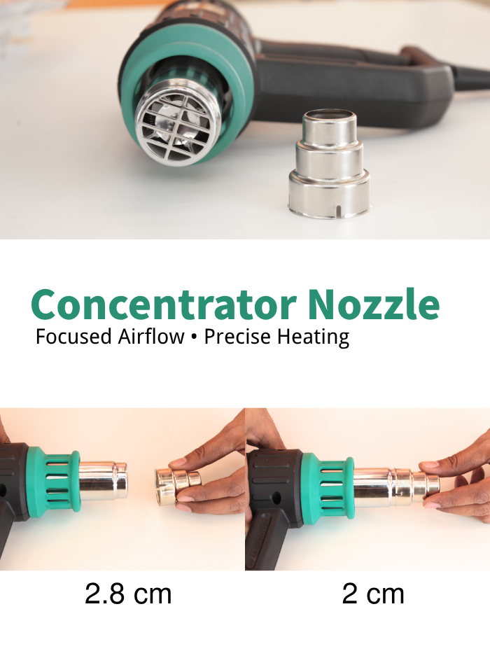 Heat gun with narrow nozzle for precise and detailed work