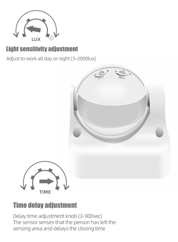 Human body infrared sensor switch for automatic lighting control, adjustable for all-day or night use, with 6-meter detection range