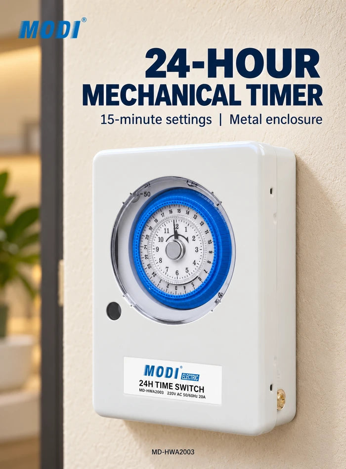 24-hour mechanical timer switch with blue dial mounted on an indoor utility wall
