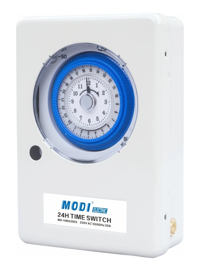 Original MODI MD-HWA2003 white metal timer with transparent cover and electrical rating label