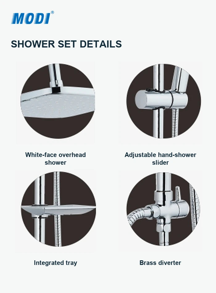 Original close-ups of overhead shower face, adjustable slider, integrated tray and brass diverter