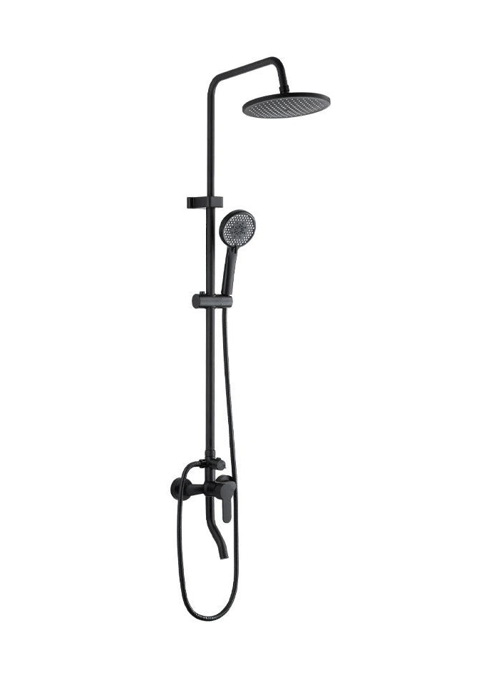 Complete black wall-mounted rainfall shower system with mixer and hose