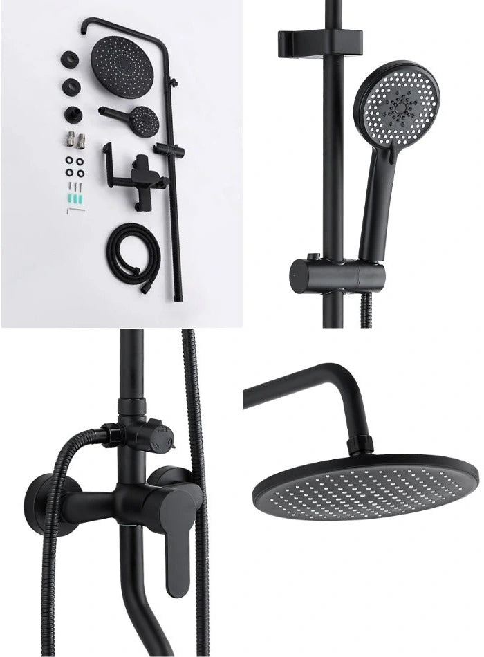 Shower set components, handheld holder, mixer and overhead head details