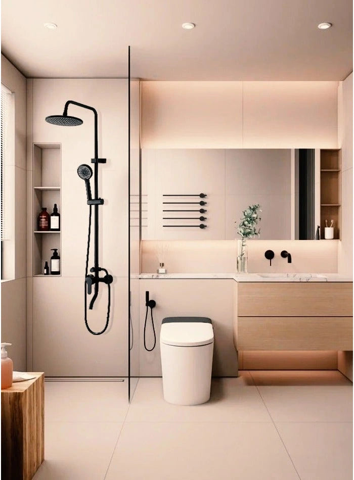 Wall-mounted black shower set in a bathroom with a vanity