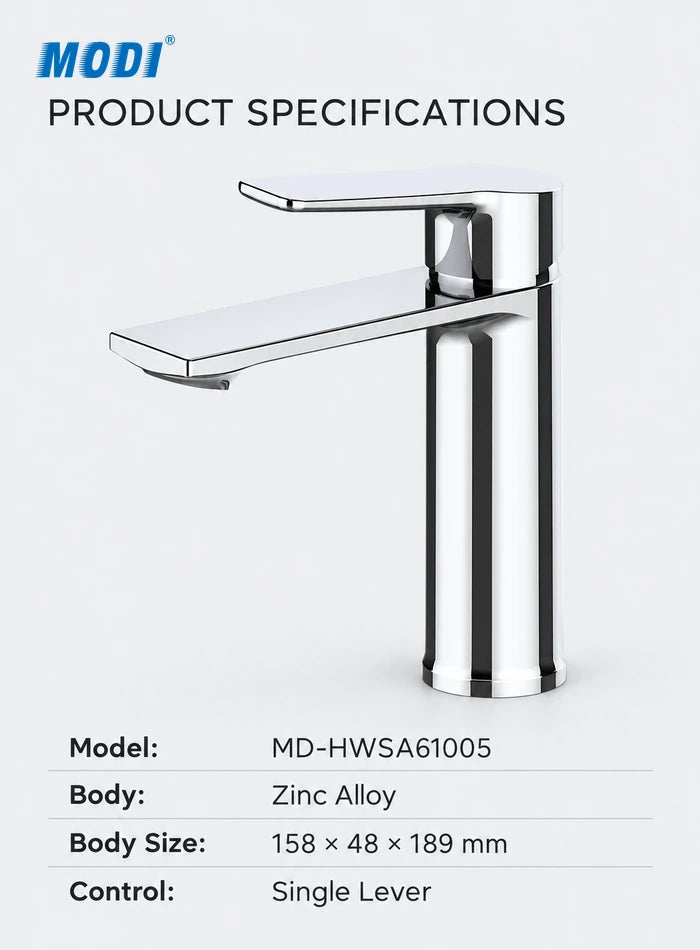 MD-HWSA61005 basin mixer specifications showing zinc alloy body and body size 158 × 48 × 189 mm