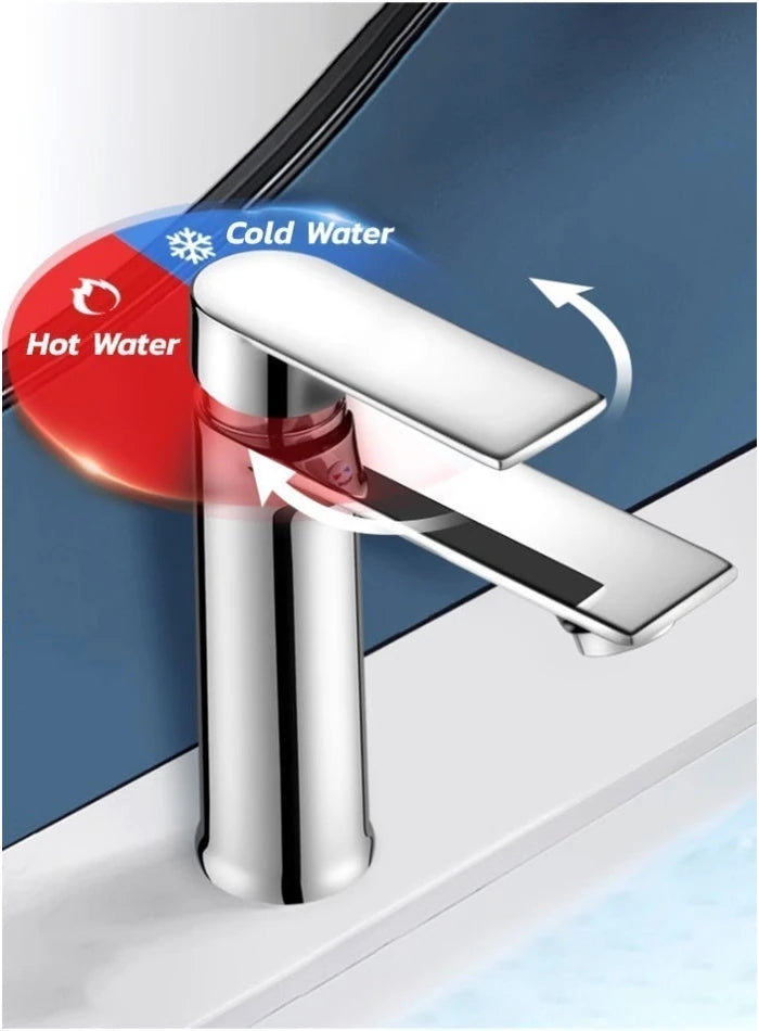 Single-lever chrome basin mixer showing hot and cold water control