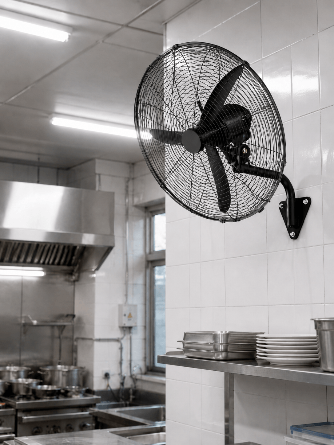 MODI 26-Inch Industrial Wall Fan installed in a commercial kitchen, 120W wall mounted cooling fan for restaurants and work areas in Kuwait