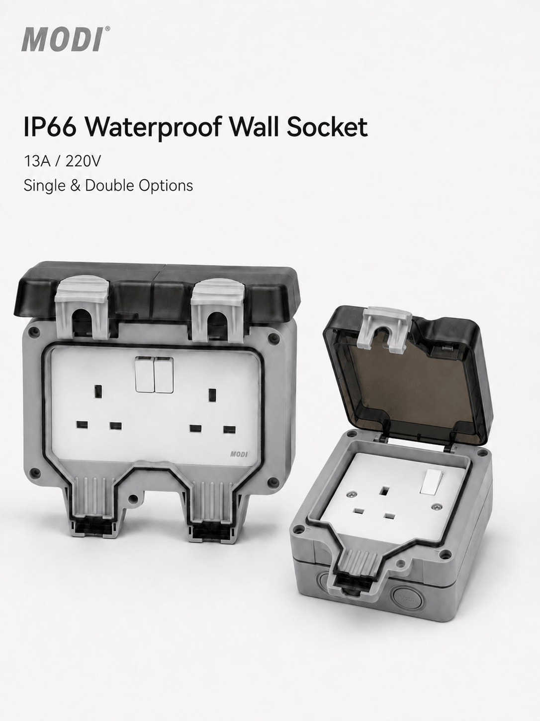 MODI IP66 waterproof wall socket 13A 220V with single and double socket options