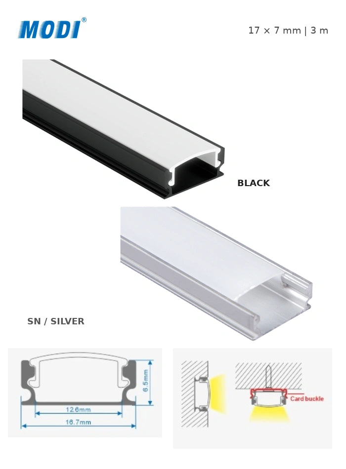 Black and silver 17x7mm LED aluminum profiles with diffuser covers, cross-section dimensions and mounting diagrams on a white background.