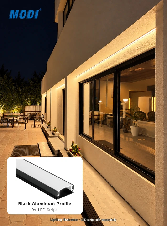 Illustrated villa window lighting with warm LED strips and an inset showing the black aluminum profile with white diffuser; LED strip sold separately.