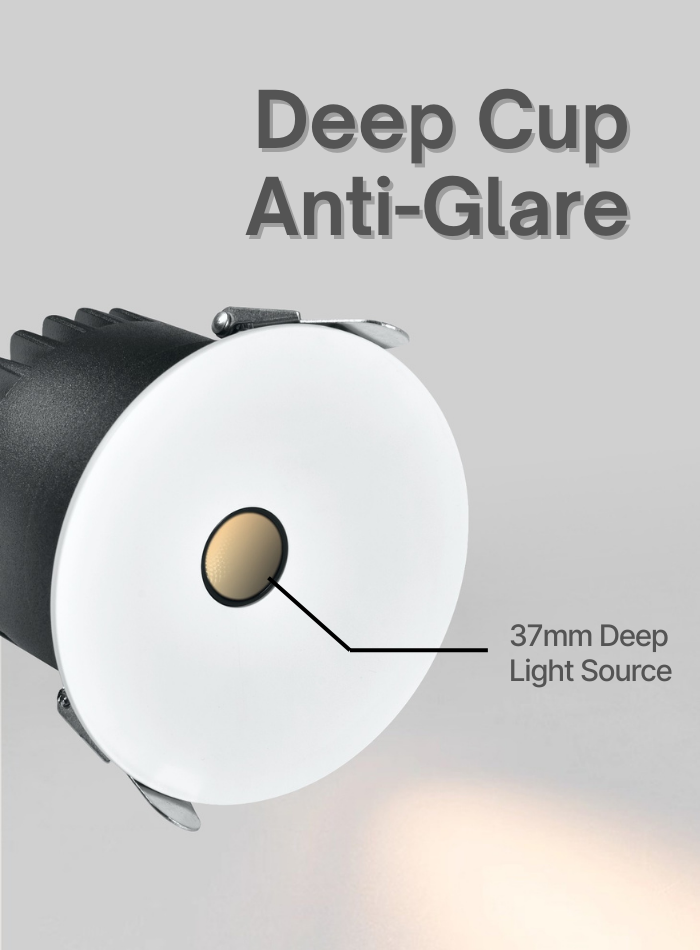 Deep cup LED spotlight providing narrow beam light for exhibition displays