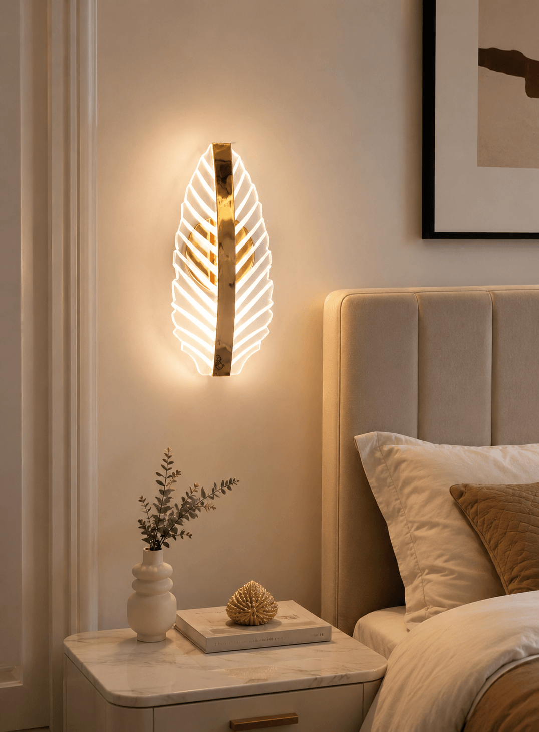 LED feather wall light installed in a modern bedroom with warm decorative indoor lighting