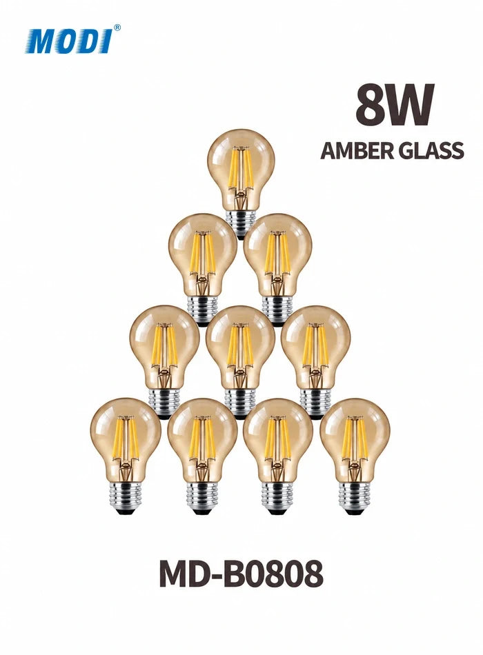 Pack of ten 8W MD-B0808 LED filament bulbs with translucent light tea-brown amber glass