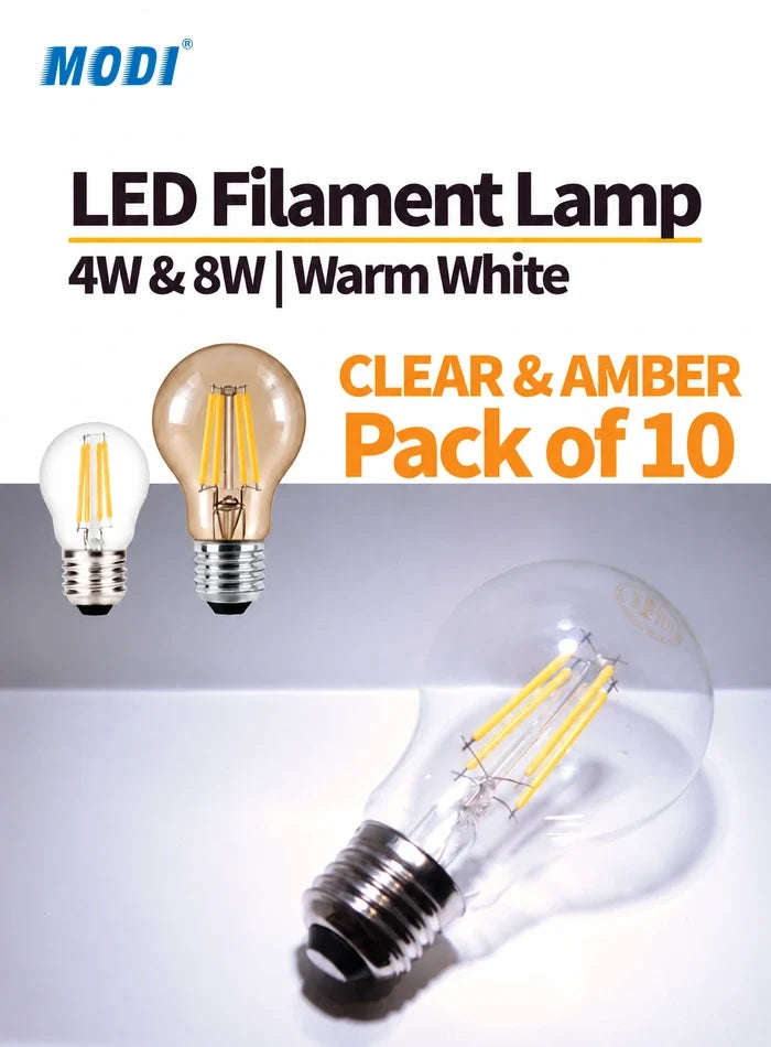 Clear and light tea-brown amber LED filament bulb glass options, 4W and 8W warm white, pack of 10