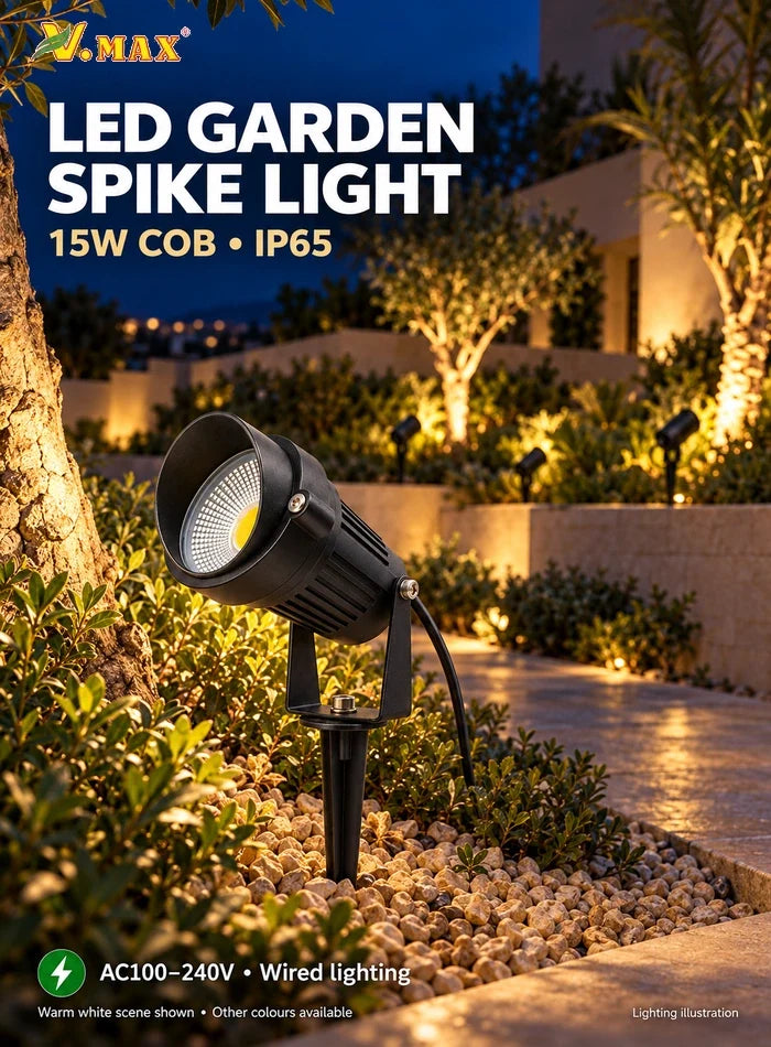 Black 15W COB LED garden spike light with adjustable head and power cable in a villa garden; multiple lights illustrate warm white tree uplighting.