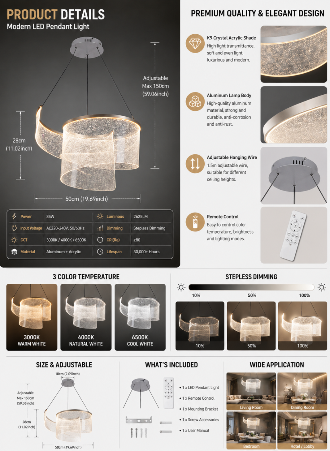 LED pendant light dimensions and specifications with adjustable height and 3 color temperature for Kuwait home lighting