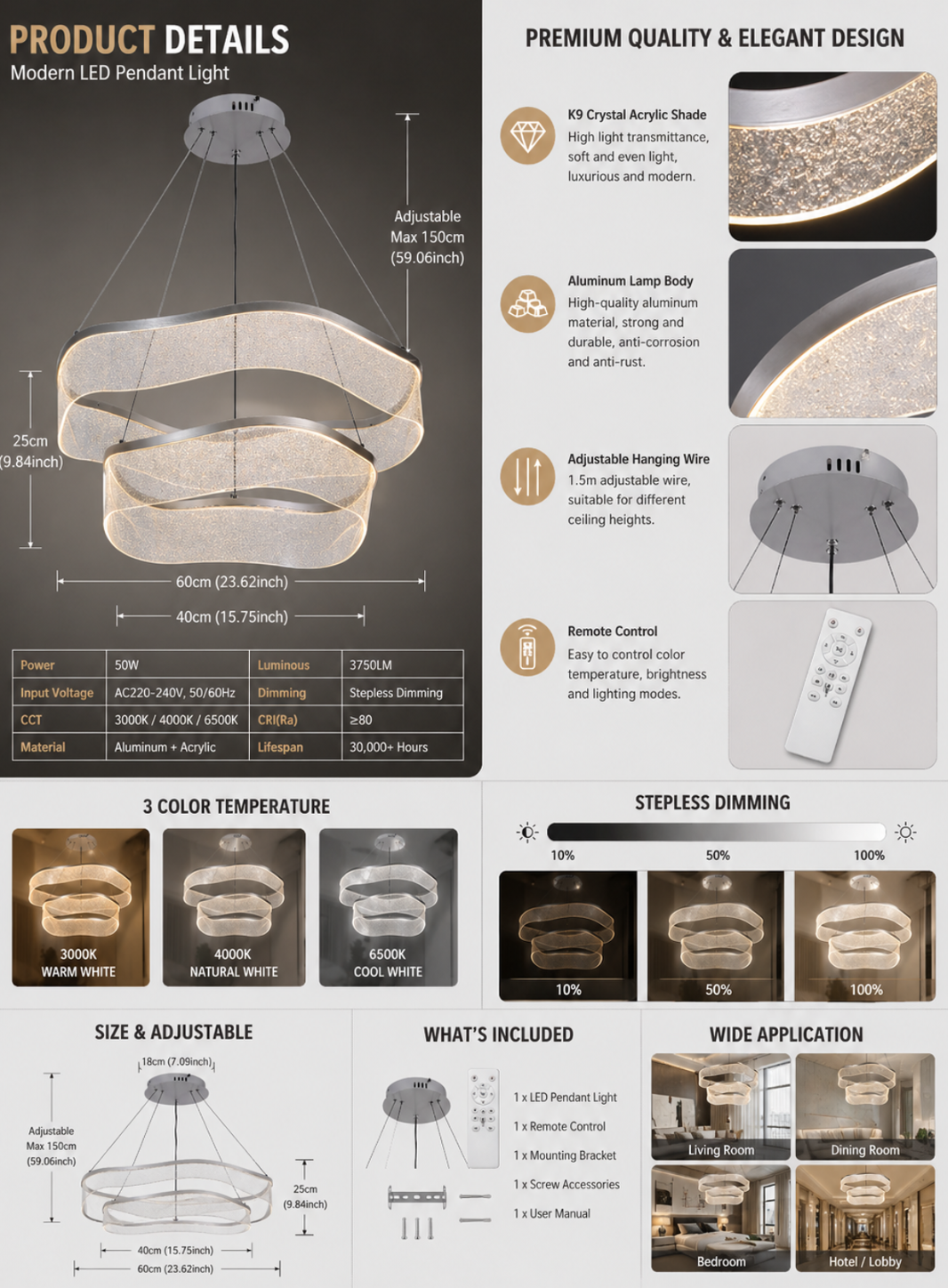 LED pendant light dimensions and specifications, adjustable hanging chandelier with 3 color temperature for Kuwait villas