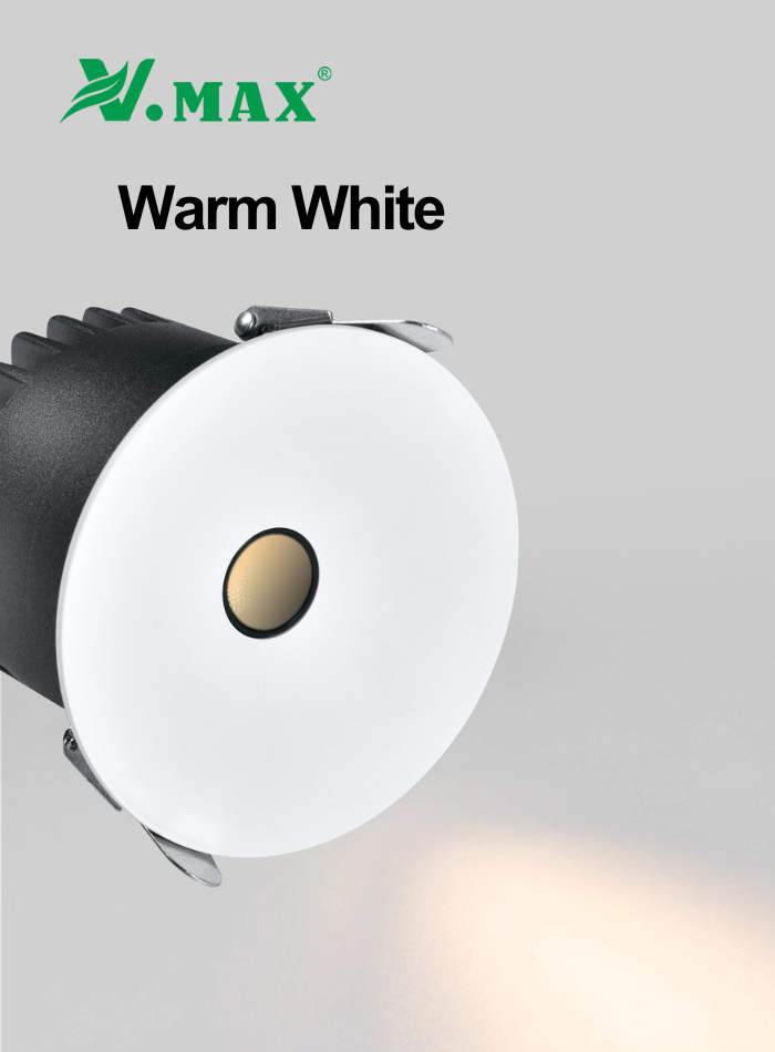 Light fixture with 'V.MAX' branding and 'Warm White' label on a gray background