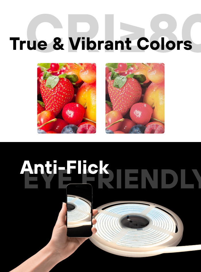 COB LED strip light, flicker-free and high CRI ≥80, providing smooth, true-to-life illumination