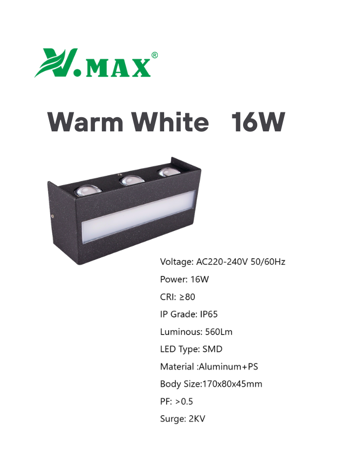 16W aluminum outdoor LED wall light with warm white light for exterior walls and courtyard