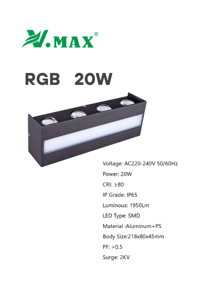 20W aluminum RGB LED wall light for decorative outdoor lighting, garden, or patio