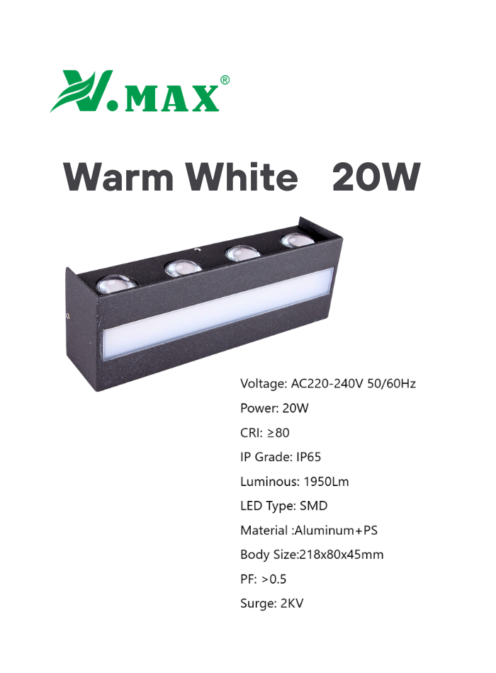 20W aluminum outdoor LED wall light with warm white light for villa, garden, or patio
