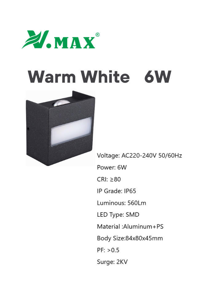 6W aluminum outdoor LED wall light with warm white light for garden, patio, and balcony