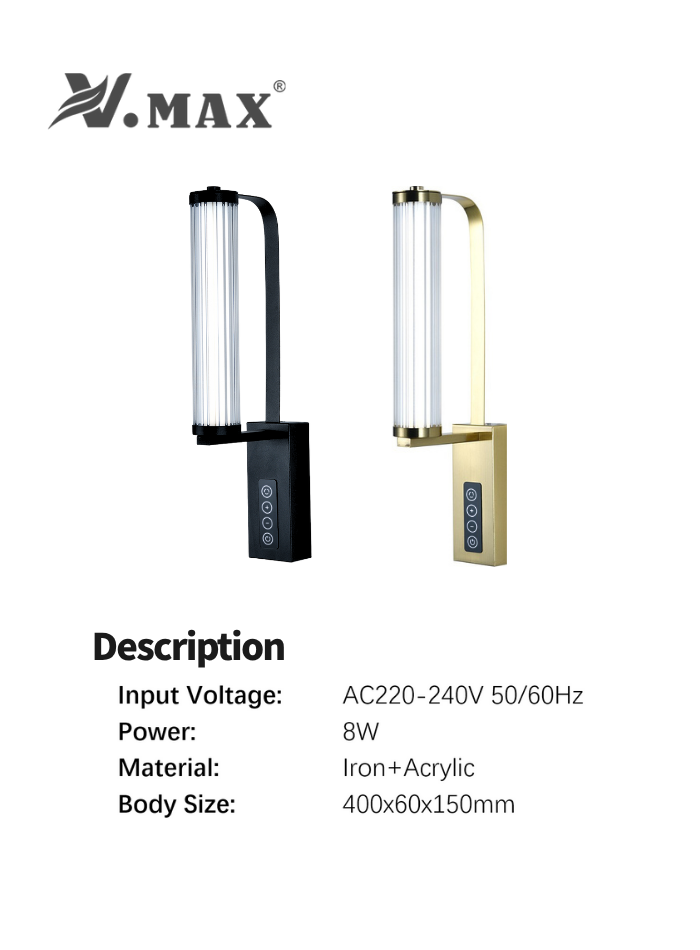 Minimalist 8W LED wall light in black or gold with touch control for bedroom and living room