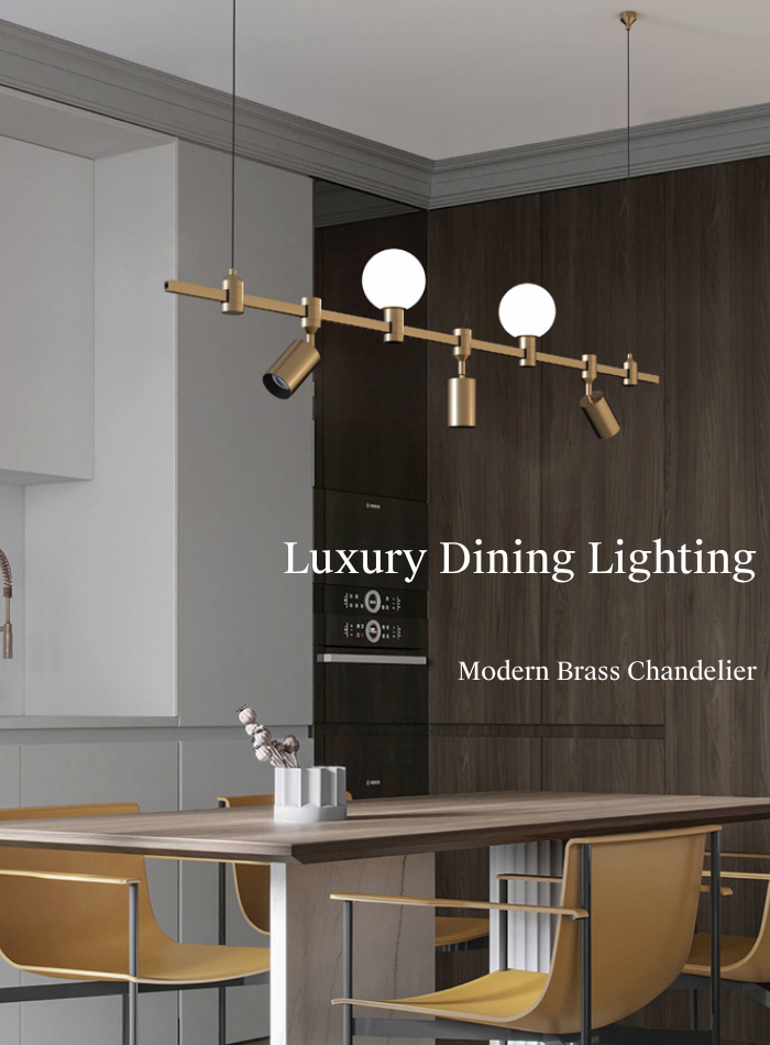 Linear brass pendant light above dining table with modern interior design in Kuwait