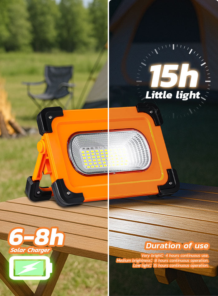 Solar-powered LED floodlight with up to 15 hours of continuous lighting