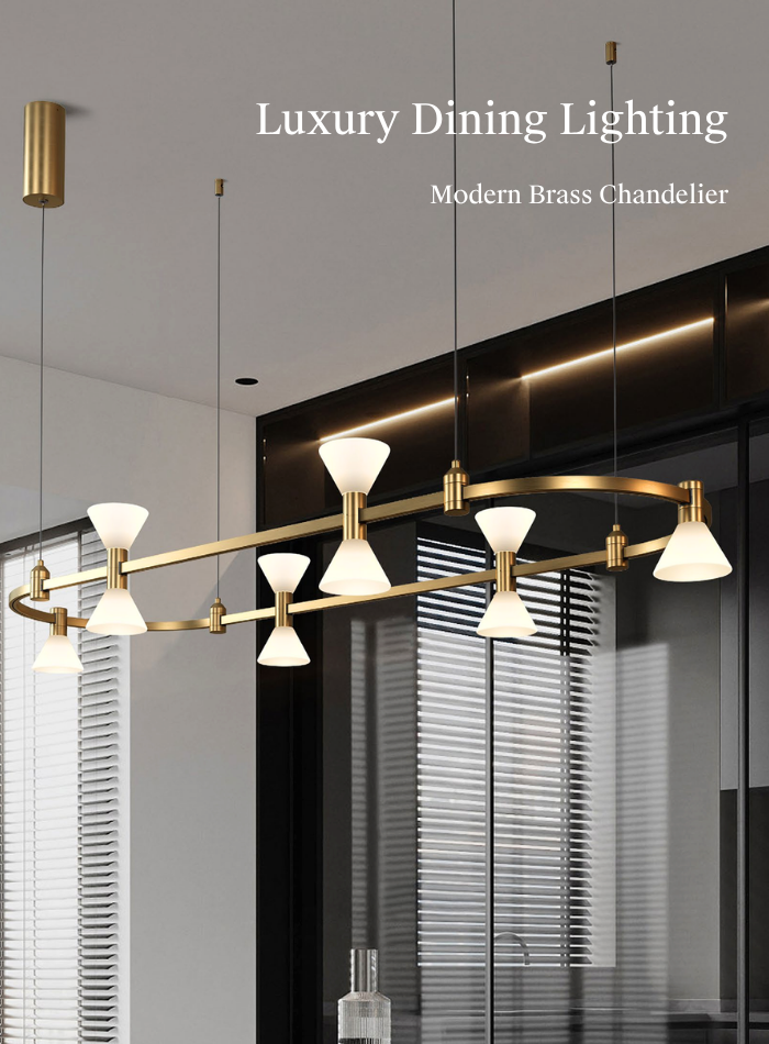 Luxury brass chandelier above dining table with warm lighting for modern interior in Kuwait