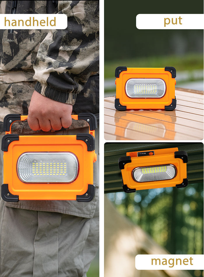 Magnetic and portable solar-powered LED floodlight for outdoor and emergency use