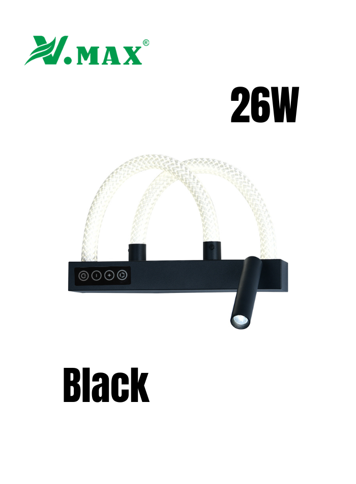 Modern LED bedroom wall light in black with touch control and adjustable color temperatures.