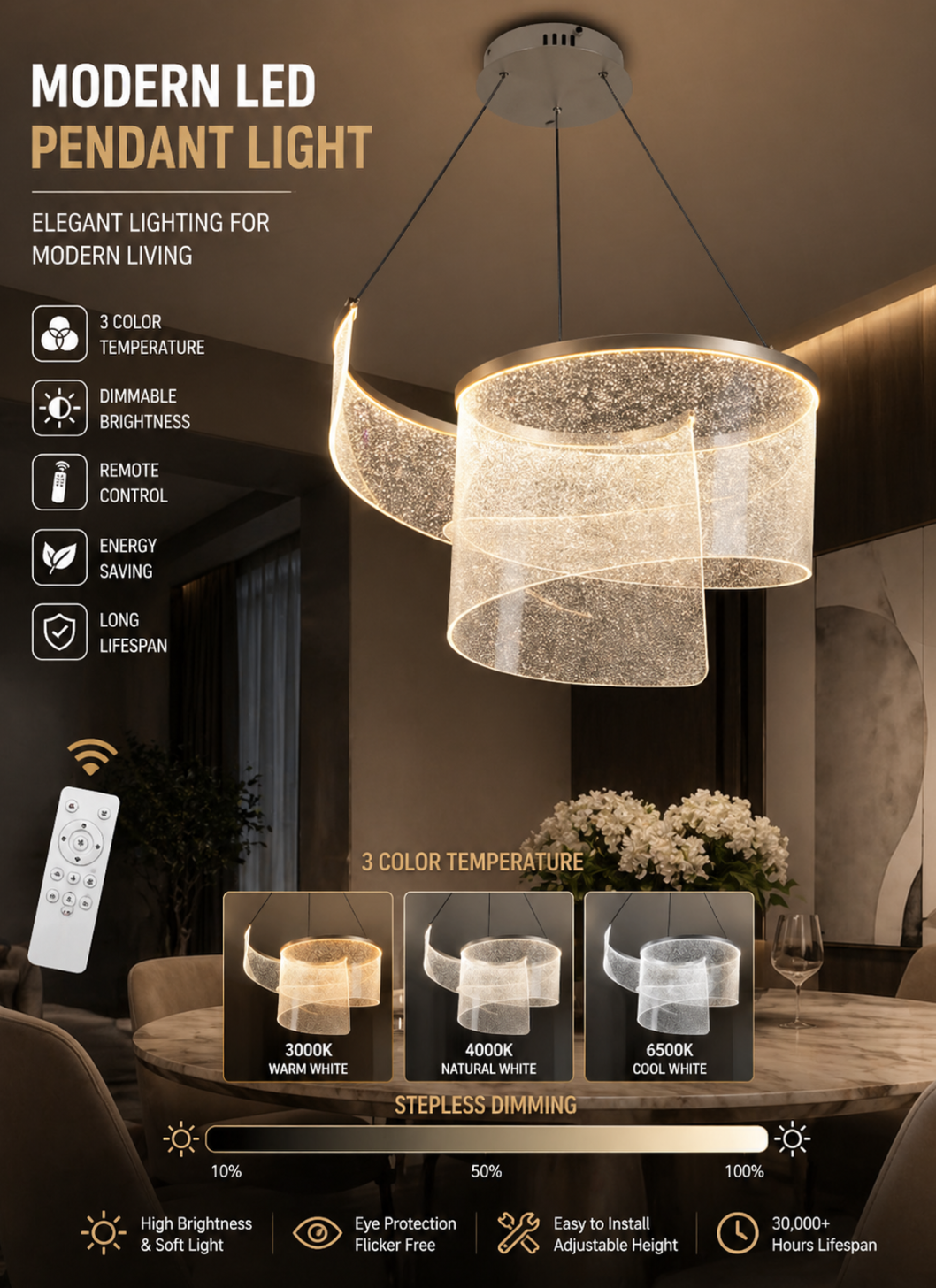 modern LED pendant light chandelier with dimmable brightness and remote control for Kuwait villas and majlis lighting