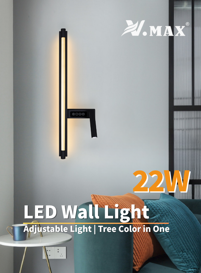 Modern wall light with dual LED sources, adjustable silicone tube and mini spotlight for bedroom and living room.
