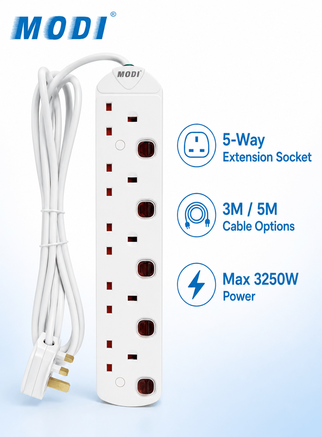 MODI 5-way extension socket with individual switches, UK 3-pin plug, 3M and 5M cable options, and max 3250W power for indoor use