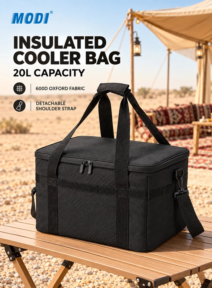 MODI black 20L insulated cooler bag on a table at a Kuwait desert campsite