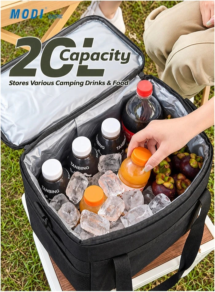 Insulated cooler bag interior holding drinks and fruit for an outdoor meal