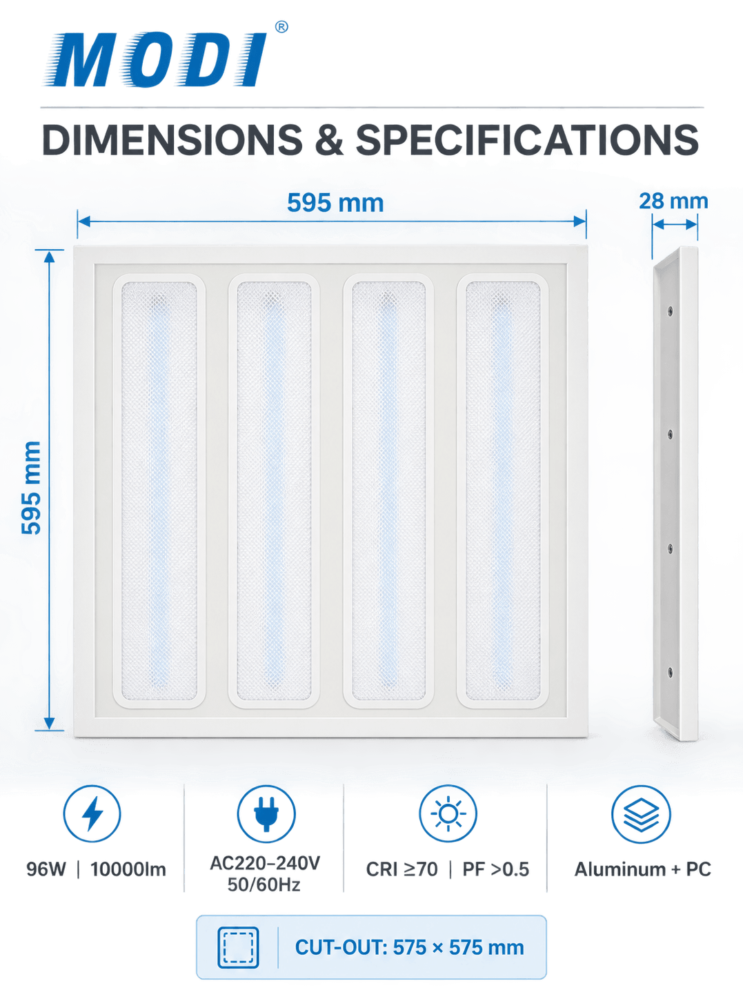 MODI filter dimensions and specifications graphic showing a white rectangular four-panel air filter with blue dimension lines indicating 595 mm by 595 mm and a side depth of 28 mm, plus feature icons below.
