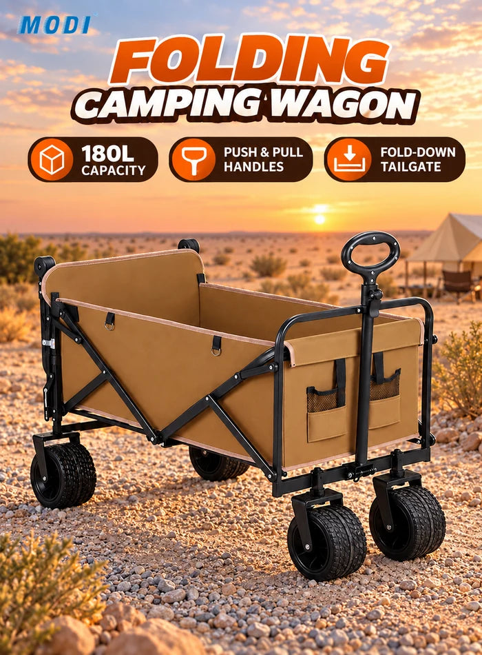 MODI folding camping wagon with brown fabric at a Kuwait desert campsite