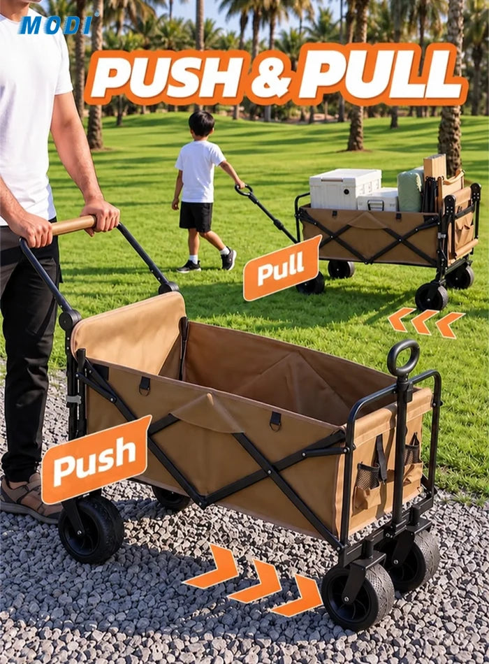 Camping wagon showing its push and pull handles in a palm garden