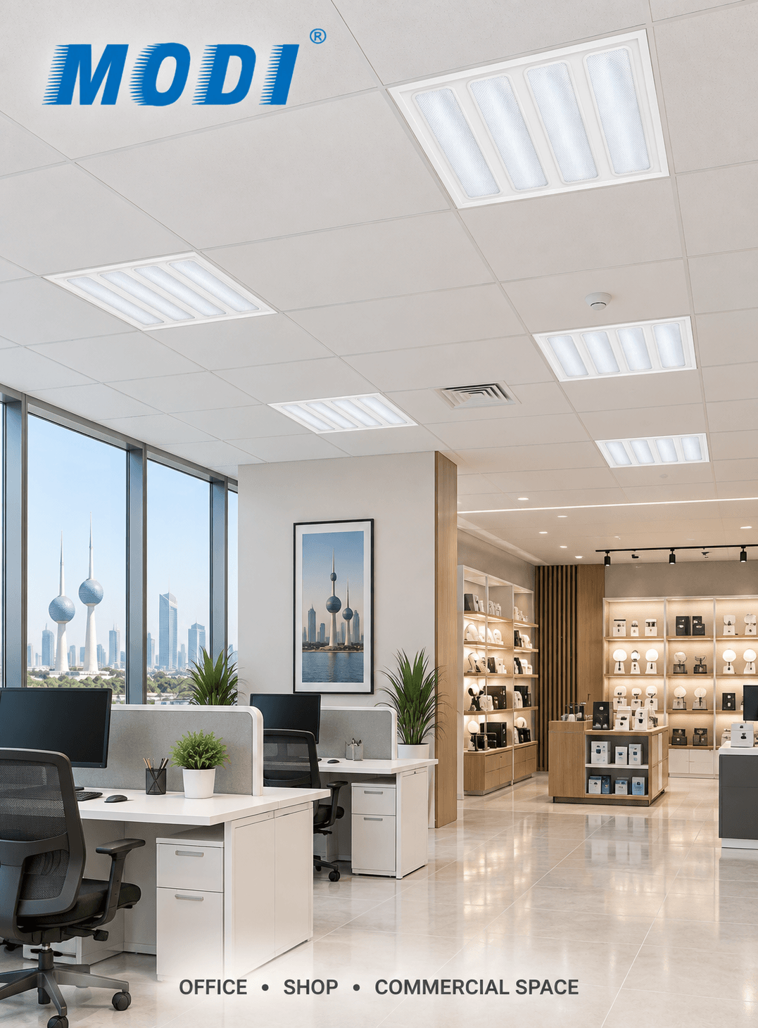 A bright modern office interior with multiple rectangular ceiling light panels installed in a white drop ceiling. Large windows on the left show a city skyline, and the space includes desks, chairs, plants, shelving, and a retail display area.