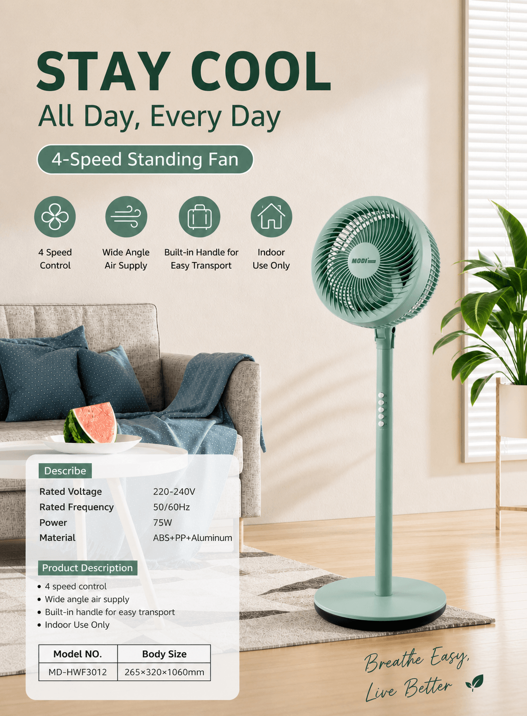 MODI 4-speed standing fan 75W green pedestal fan with wide angle air supply for home use in Kuwait