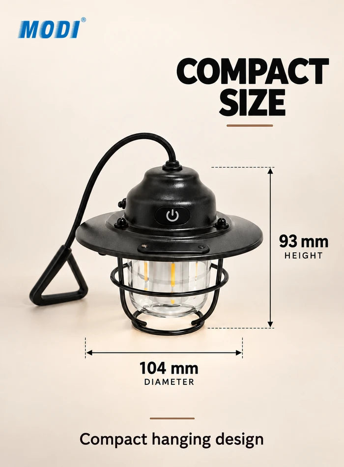 Black retro LED camping lantern with 93 mm body height and 104 mm shade diameter