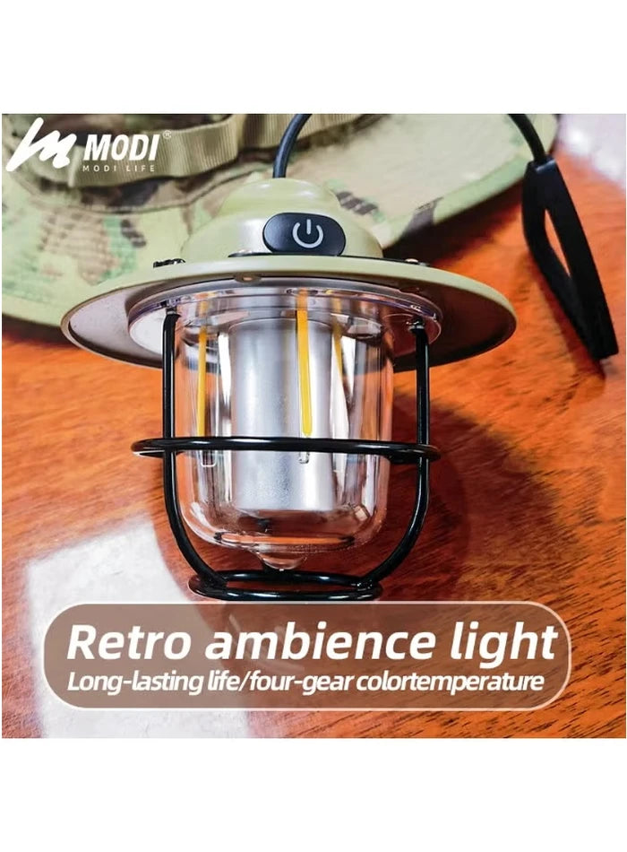 Military Green camping lantern showing clear globe, LED filaments and protective cage