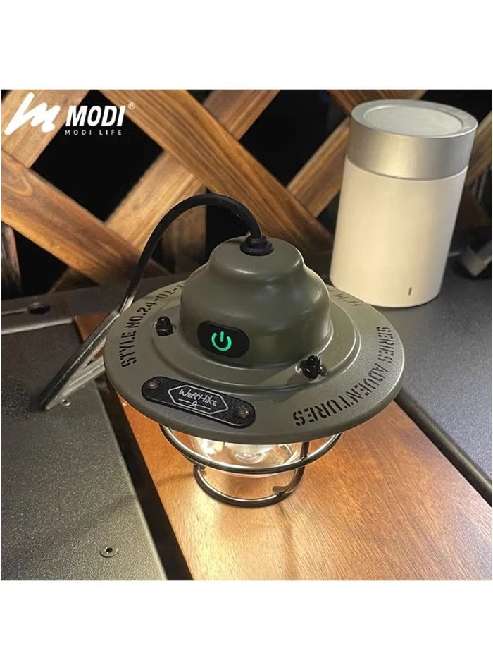 Military Green retro camping lantern showing power button and metal shade