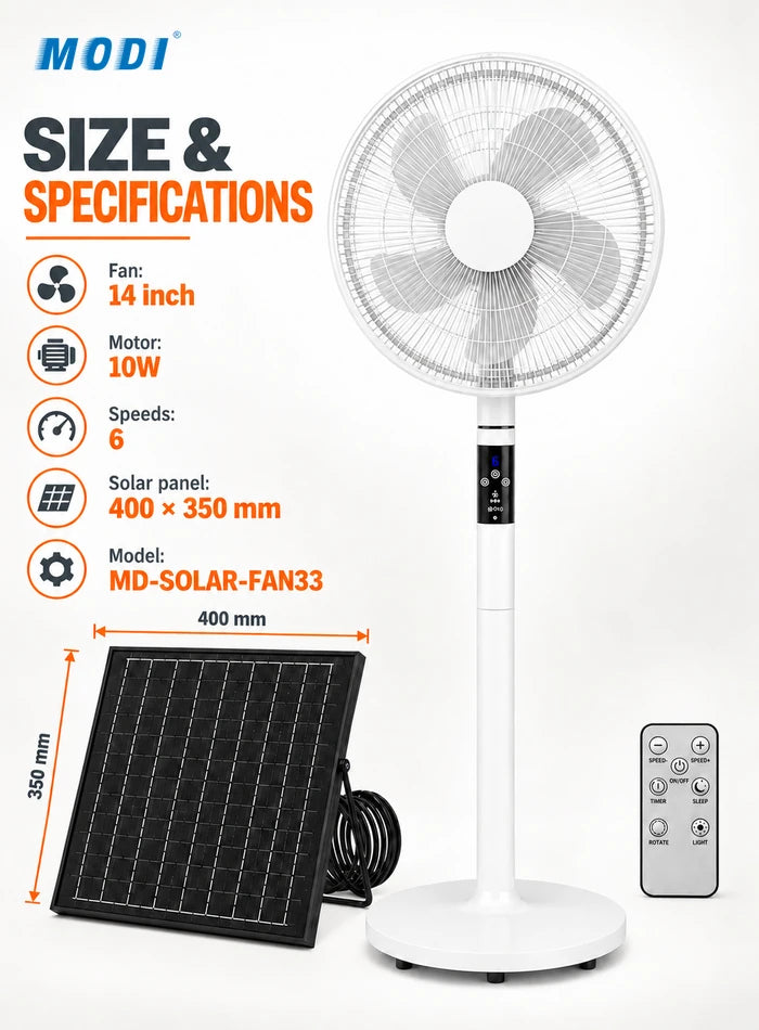 MODI solar rechargeable pedestal fan specifications with 14 inch fan, 10W motor and 400 by 350 mm solar panel