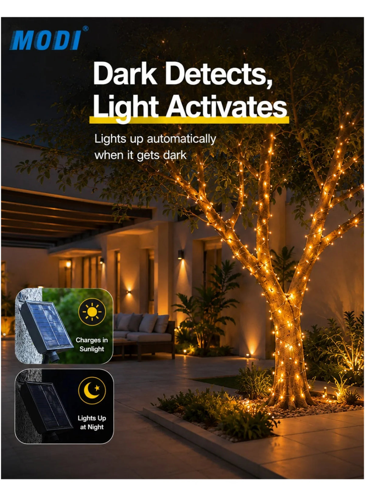 MODI solar string lights with automatic dusk activation