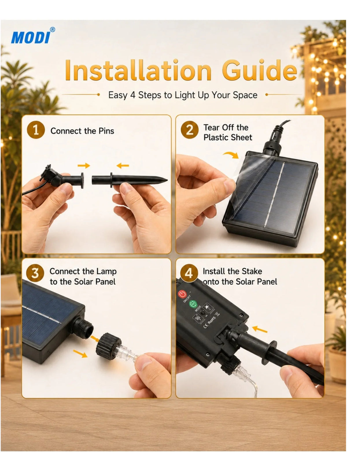Installation guide for MODI solar LED string lights