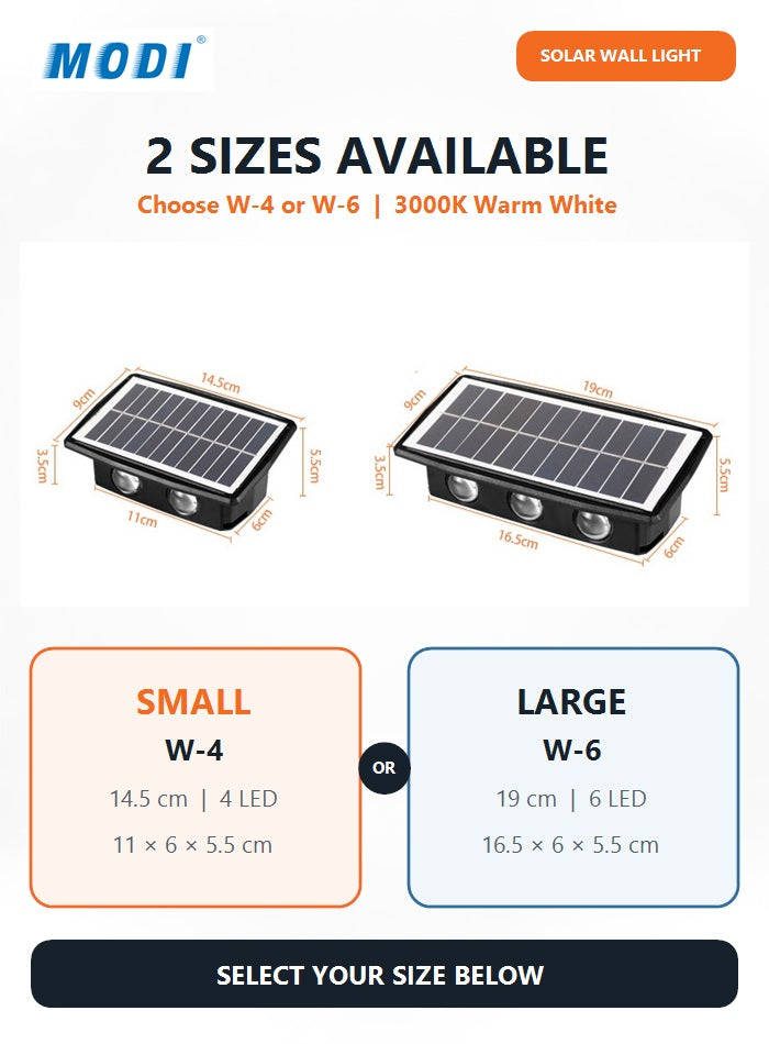 MODI solar outdoor wall light with two size options: small W-4 4 LED and large W-6 6 LED, both 3000K warm white